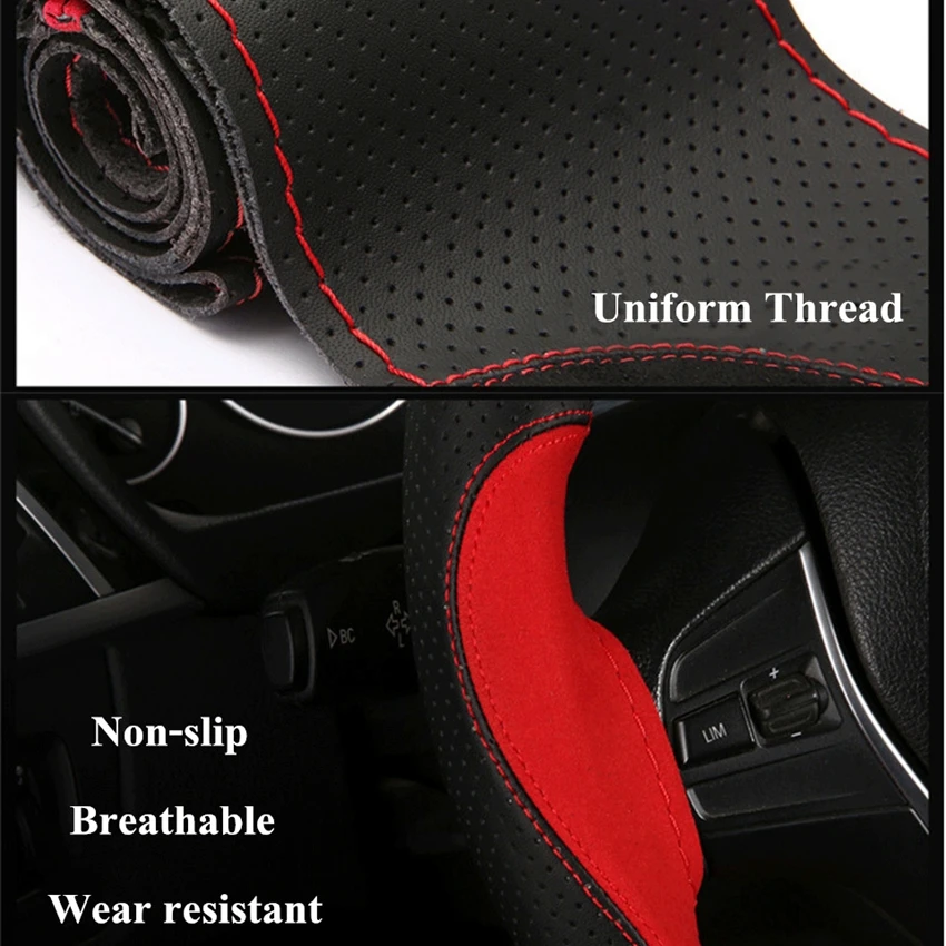 38cm Car Steering Wheel Cover Artificial Leather + Suede Leather Steering Wheel Cover Soft Anti slip Braid With Needles Thread