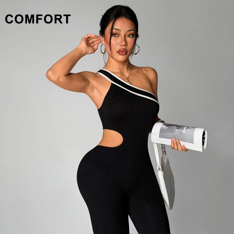 Combinaison de yoga asymétrique à découpes color block pour femme, pantalon long intégré, idéale pour le Pilates et le fitness