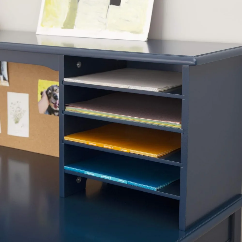 School Desks.Children’s Media Desk and Chair Set Navy: Student's Study, Computer and Writing Workstation with Hutch and Shelves