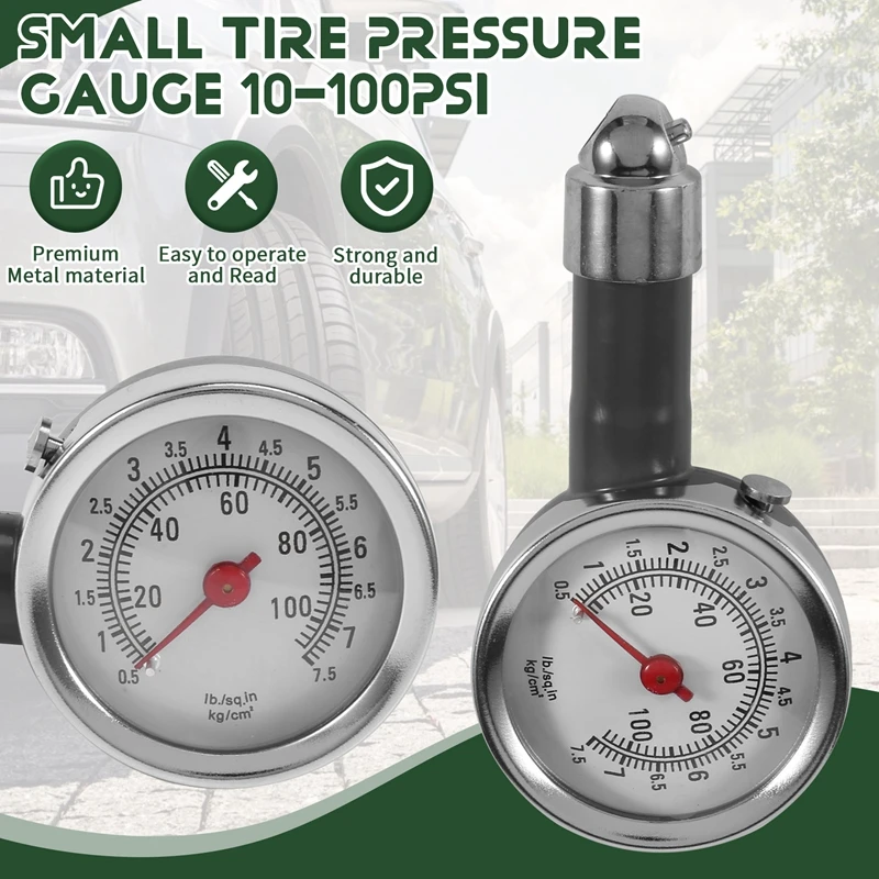 Small Tire Pressure Gauge 10-100PSI, Accurate Mechanical Zinc Alloy Air Gage For Motorcycles,Cars,SUV ATV