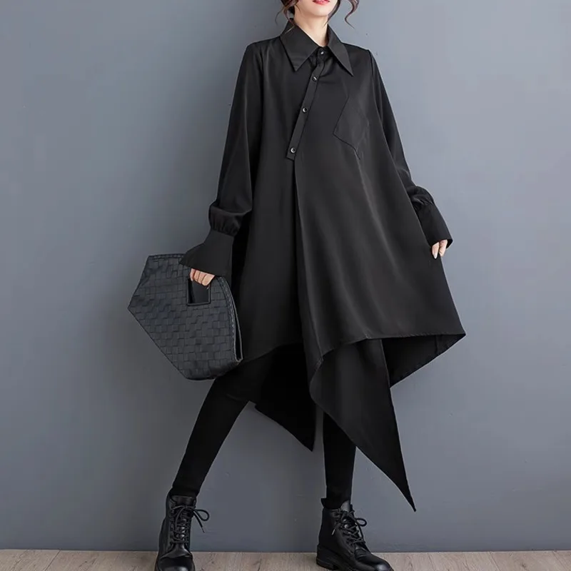 

#2602 Black Irregular A-line Dress Women Long Sleeve Loose Streetwear Long Shirt Dress Buttons Loose Midi Woman Dress Spring2025