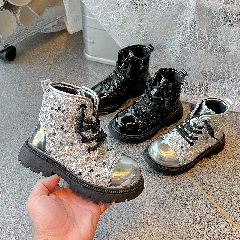 

Children's Boots for Girls Bling Sequins Causal Toddles Leather Boots Fashion New Versatile Kids Ankle Boots Patchwork Round-toe