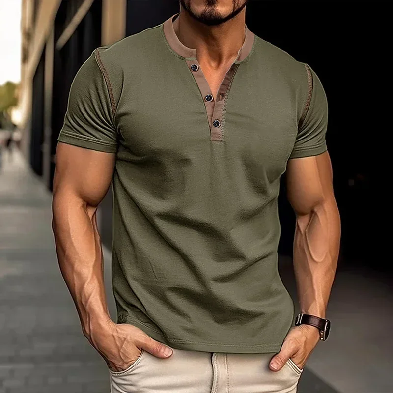 Summer Europe and The United States Men's Short Sleeve Henry Shirt Men's Casual Color Match Round