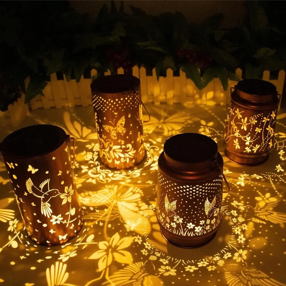 

4 Packs Solar Lanterns Outdoor Hanging Lantern Lights, Butterfly&Hummingbird&Dragonfly Hollowed-Out Metal Decor Lantern