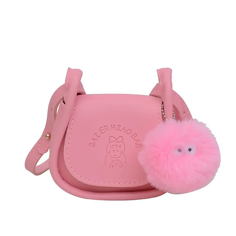 Beige Black Green Yellow Pink Cute Mini Round Crossbody Bag PU Leather Fluffy Pom Pom Small Shoulder Coin Purse for Girls Kids