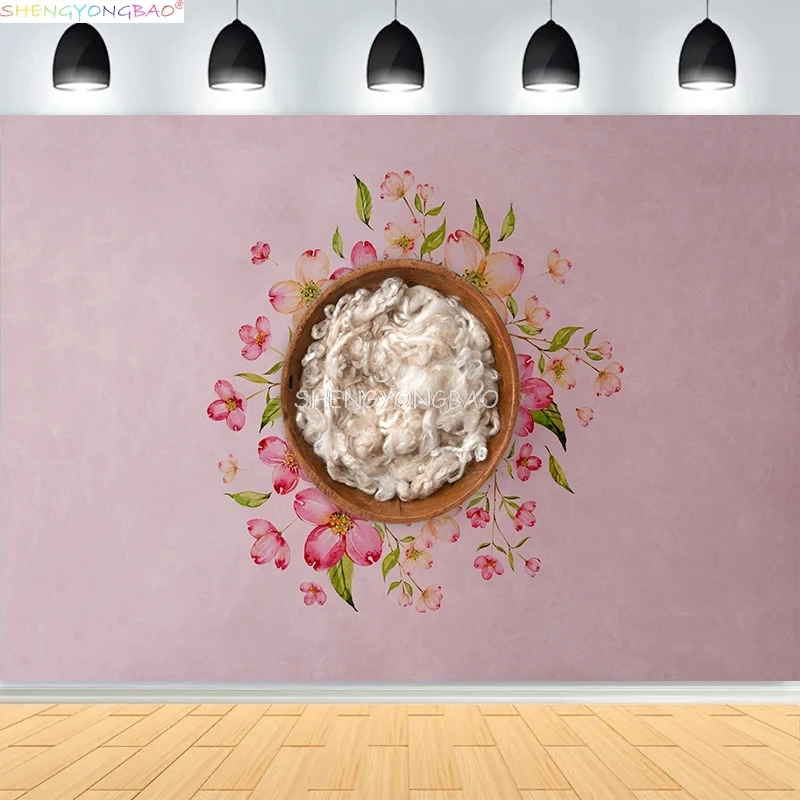 

Newborn Backdrop Photography Wooden Basket With Soft Stuffing Floral Wreath Background Photo Studios Prop YM-02