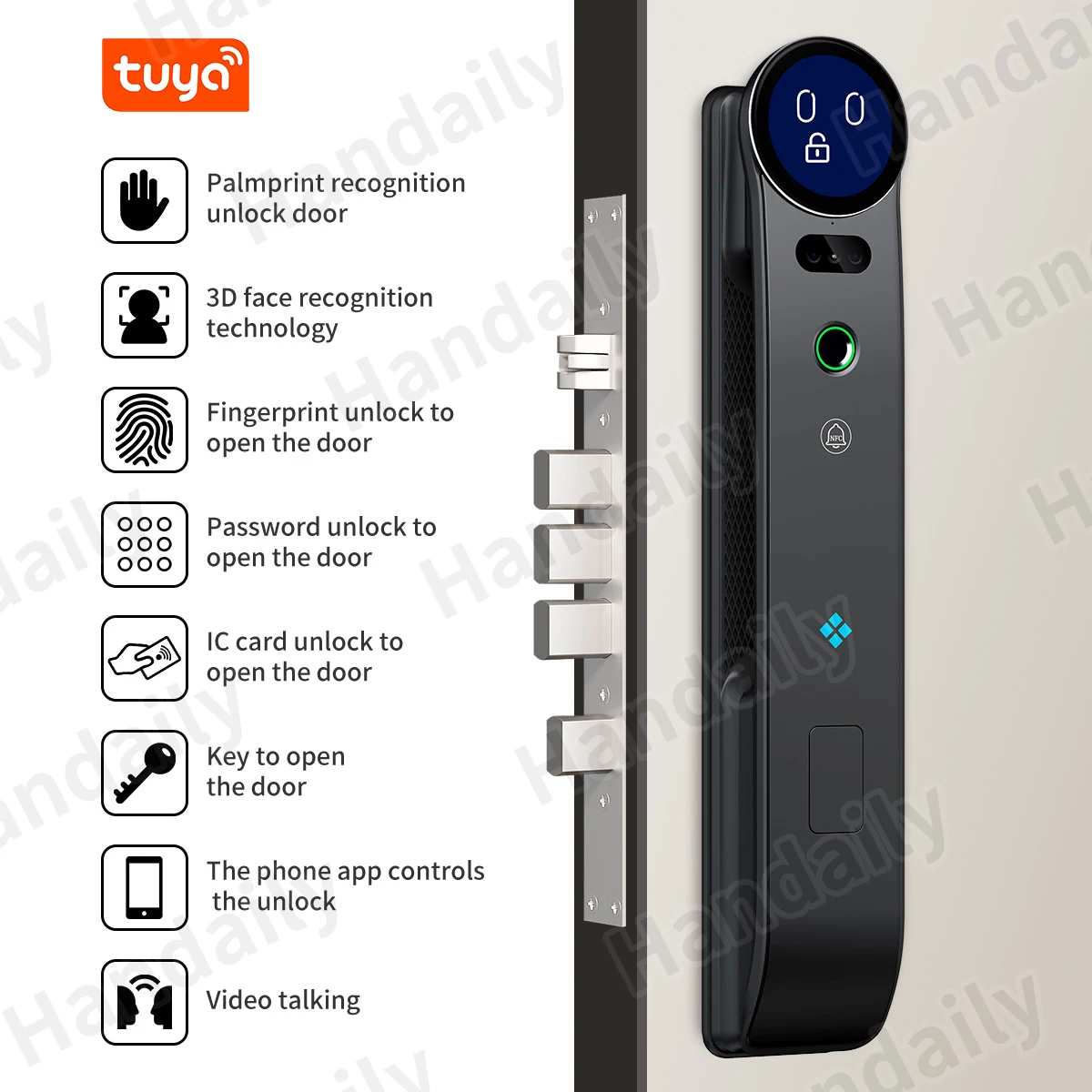 HanDaily 2025 New Palm Vein AI Smart Lock for Front Door Face Recognition Fingerprint Video Talking Digital Lock with Camera