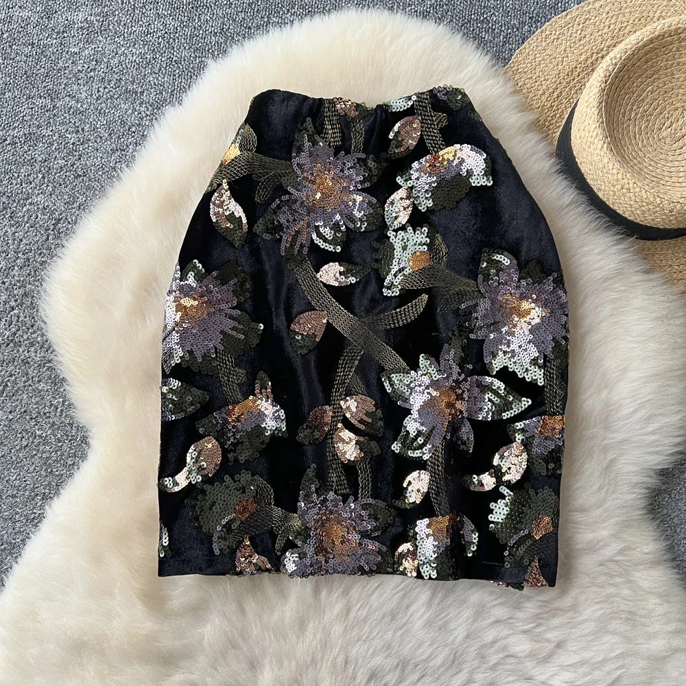 

Women Elegant sequin velour Sexy mini skirt Elastic High Waist Korean Fashion Vintage Slim Casual Clothing