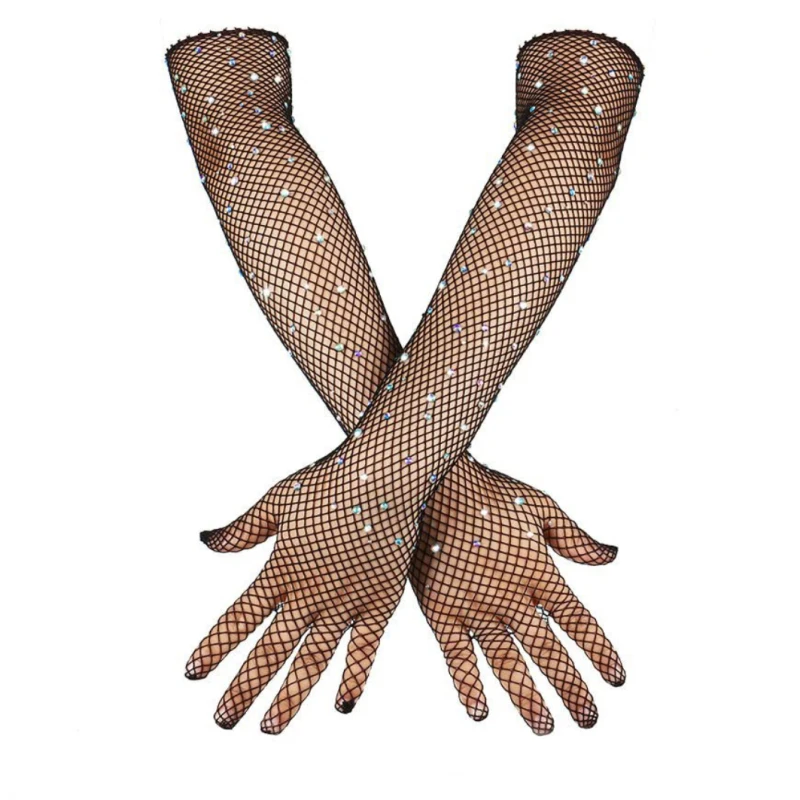 Women Sexy Fishnet Flash Fashion Personality Nightclub Stage Performance Stretch Transparent Hollow Cosplay Thin Long Gloves