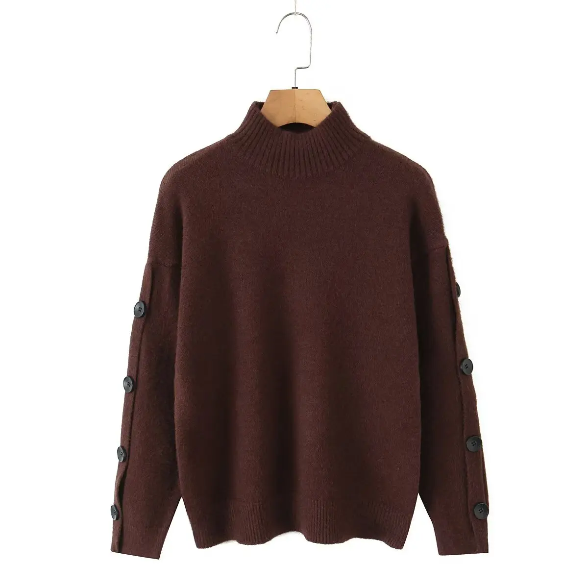 

Topenomi Autumn Winter Button Long Sleeve Sweater Women Simple Solid Half High Collar Versatile Pullover Fashion Knitted Tops