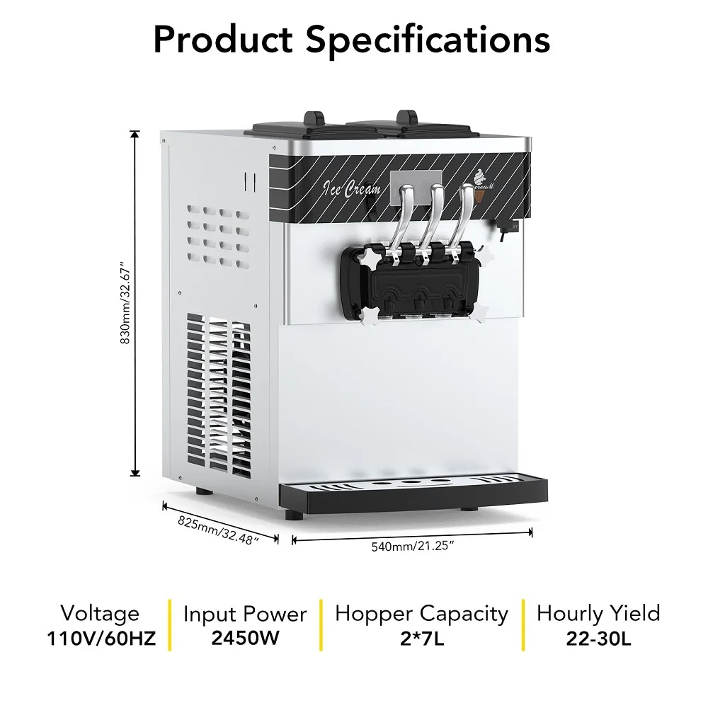 Commercial Ice Cream Maker 22-30L/H 2200W Countertop Soft Serve Machine 2x6L Hopper 2L Cylinder LCD Panel Frozen Customized