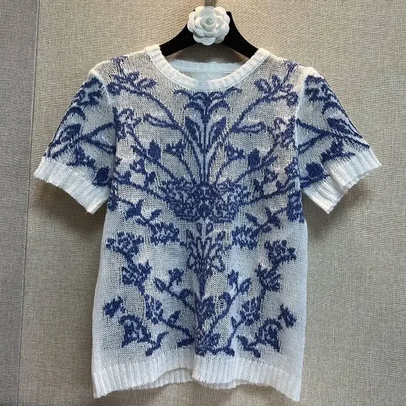 2023 Spring Summer Flower Embroidery Hollow Out Knitted Sweater Women Fashion Designer Thin Sweaters Mujer Knitwear Tops Jumpers