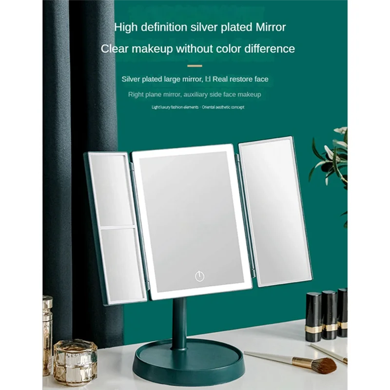 

A62K Vanity Mirror 3X Magnifying Cosmetic 3 Folding Makeup Mirrors 270 Rotation Stepless Dimmer Beauty Table Mirrors Green D