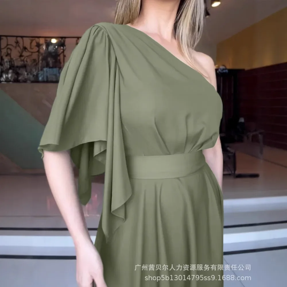 Feestjurk met vlinderdas, casual één schouder, asymmetrische mouw, ritssluiting aan de zijkant, taille, asymmetrische zoom, maxi-jurk met riem