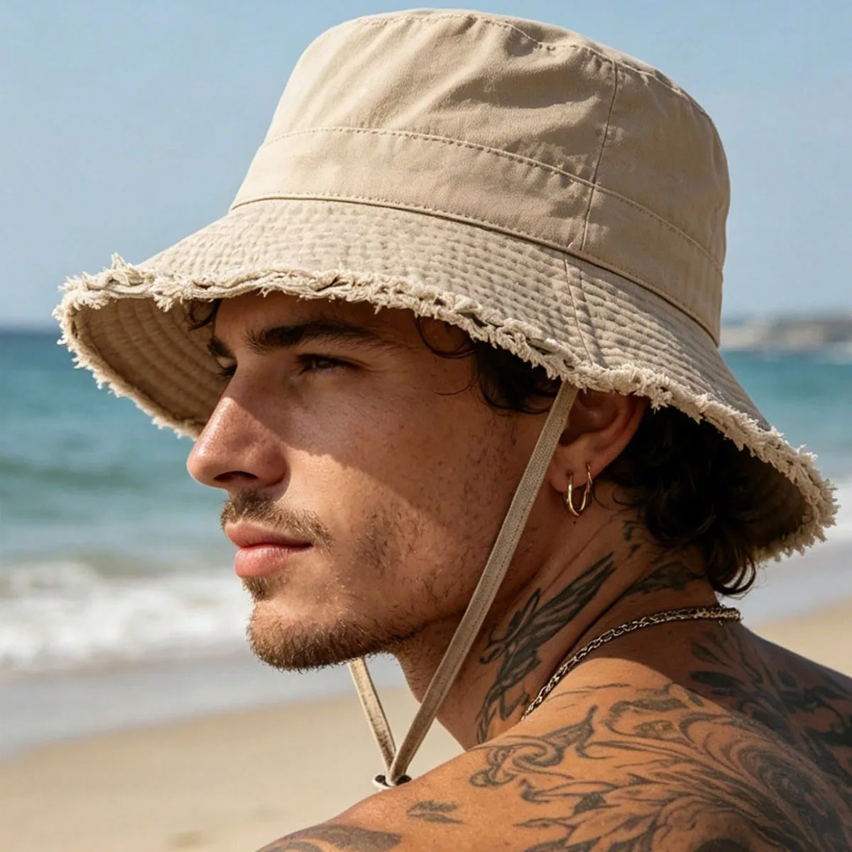 Modische Herren Fischerhüte Faltbarer Bob-Bucket-Hat mit Breiter Krempe Sonnenschutz mit Verstellbarem Kinnriemen Strand-Anglerhut