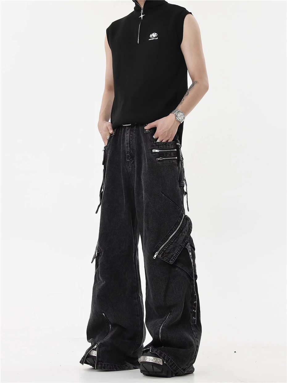 Zipper Design Jeans Mens Streetwear Punk Y2k Denim Trousers Men Harajuku Side Pockets Baggy Hip Hop Wide-leg Pants Male