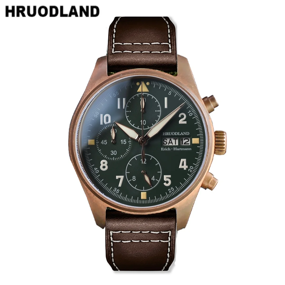 Hruodland Bronze Quartz Retro Luxury Mens Watches Sapphire Crystal Waterproof 100M Multifunction Chronograph Pilot Wristwatches