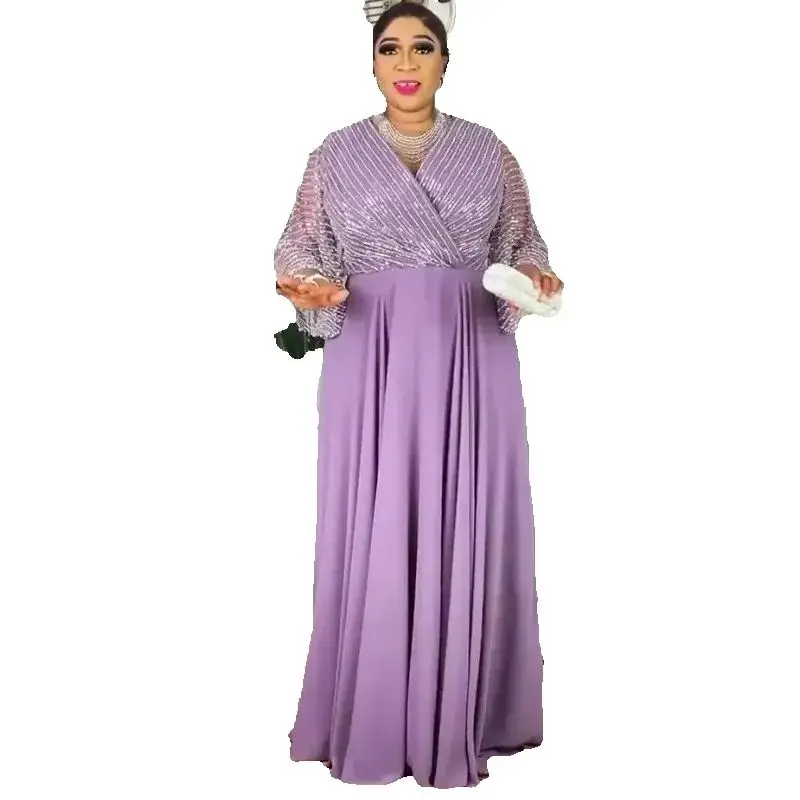 

plus Size Elegant African Ankara Dashiki Maxi Dress with Sequins for Women - Wedding Evening Gown Muslim Turkey Style