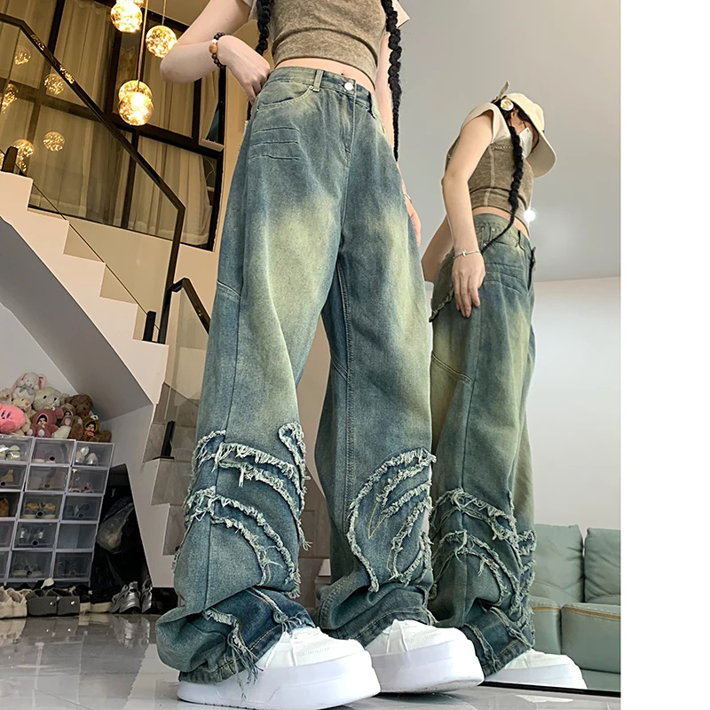 Jeans lavati Vintage donna vita alta gamba larga pantaloni dritti alla moda morbidi pantaloni in Denim con nappe Jeans tascabili comodi femminili