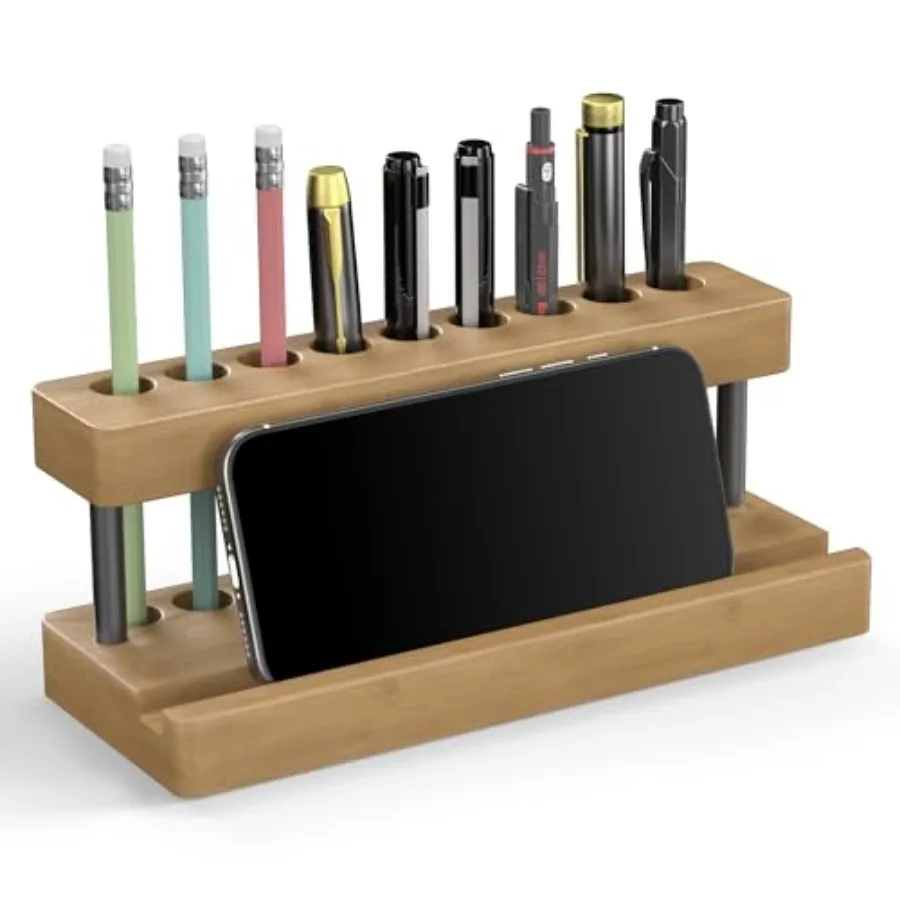 

Wooden Holder for Office Desk, Solid Wood Pen Display Stand With 9 Slots and Cell Phone Holder, Aesthetic Pen Organizer for Min