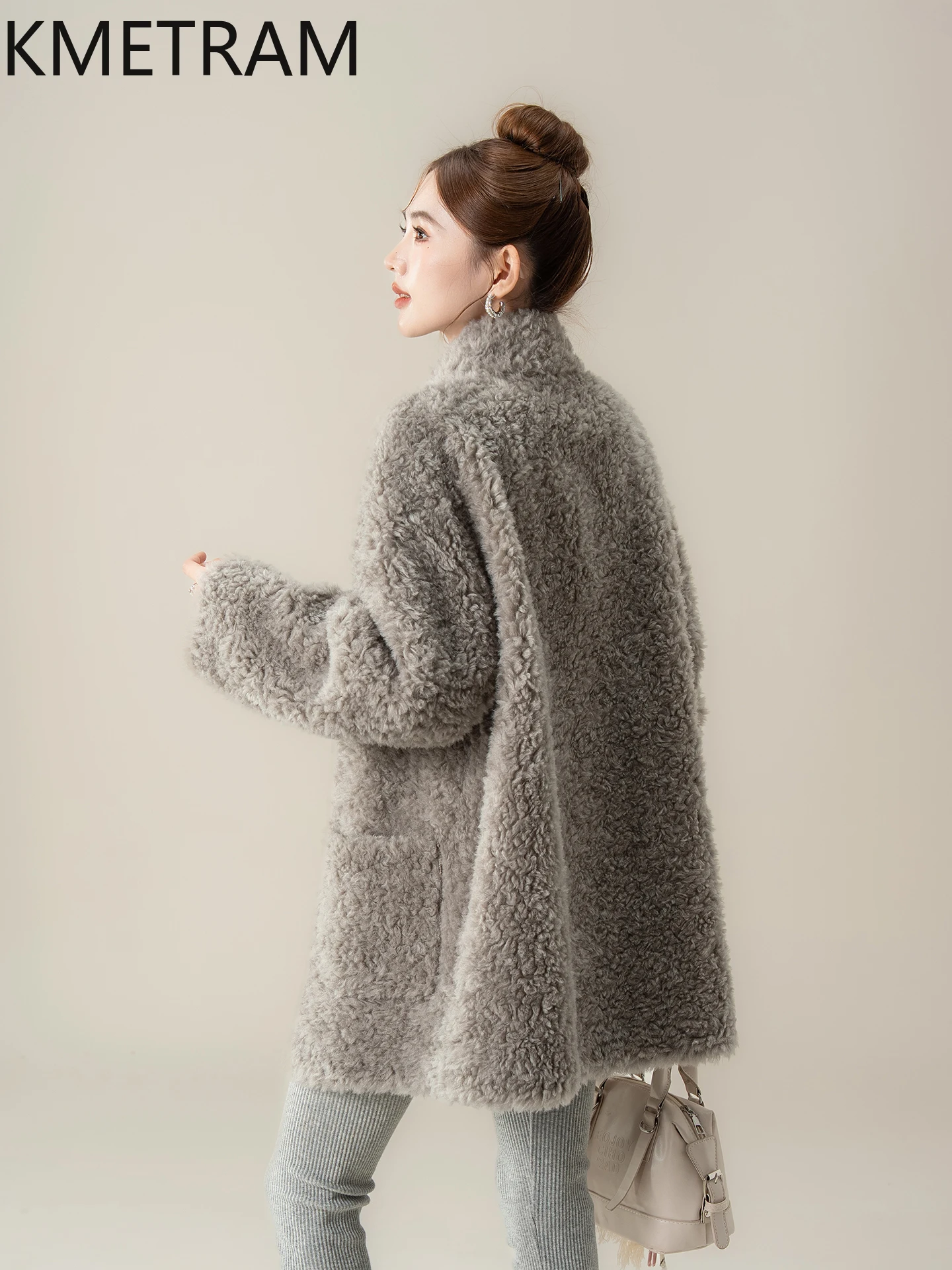 KMETRAM 100% Naturalna Wełna Swobodny Krój Guziki z Rogu Futro na Zewnątrz Średniej Długości Nowy Model Jesień-Zima 2025 куртка зимняя женская