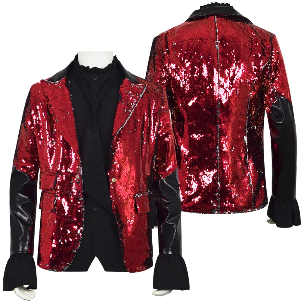 3pcs Adult Ghost Concert Red Blue Coat Men Shiny Sequin Jacket Shirt Tie Suit Halloween Carnival Party Stage Show Costumes