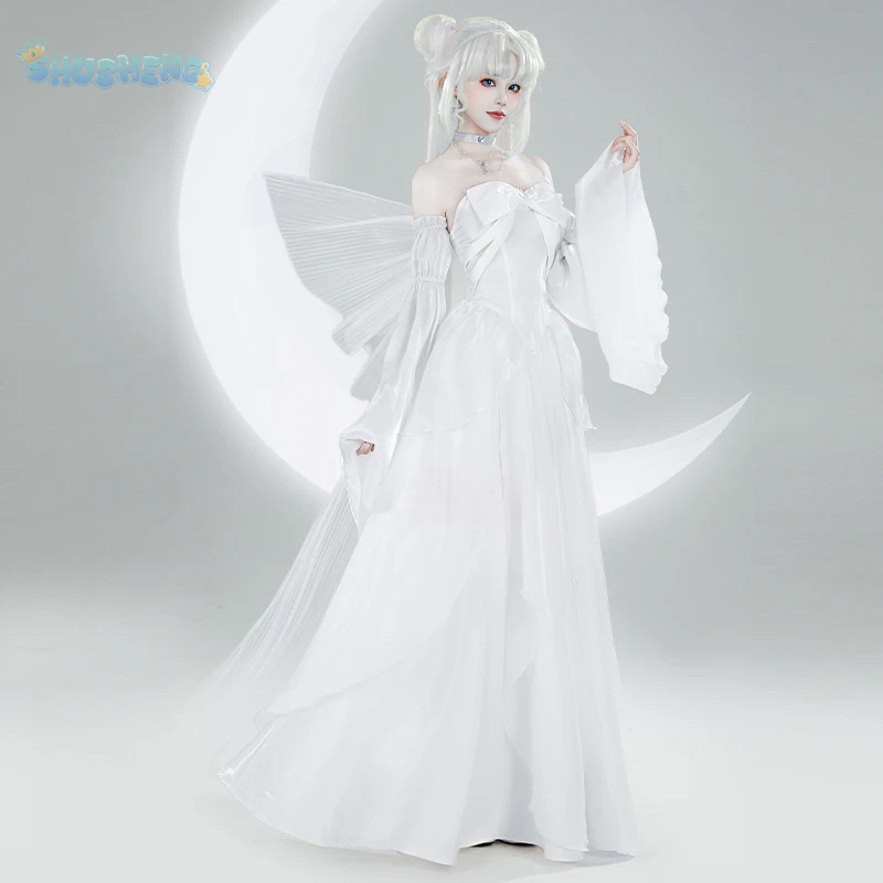 Sailor Tsukino Usagi Moon Cosplay Costume White Moon Dress Wings Bow Sleeves Set Wig For Christmas Halloween Game Party