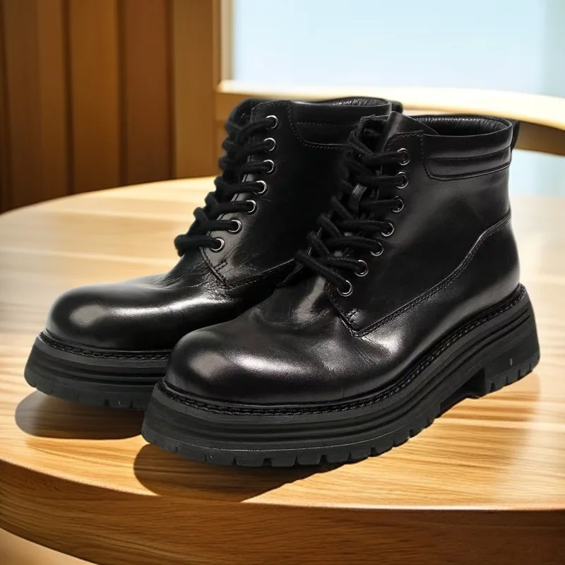 

Fashion Men's Genuine Leather Brogues Shoes Platform Motorcycle Boots Mid-calf Western Cowboy Boots formal Dress Shoes Brown