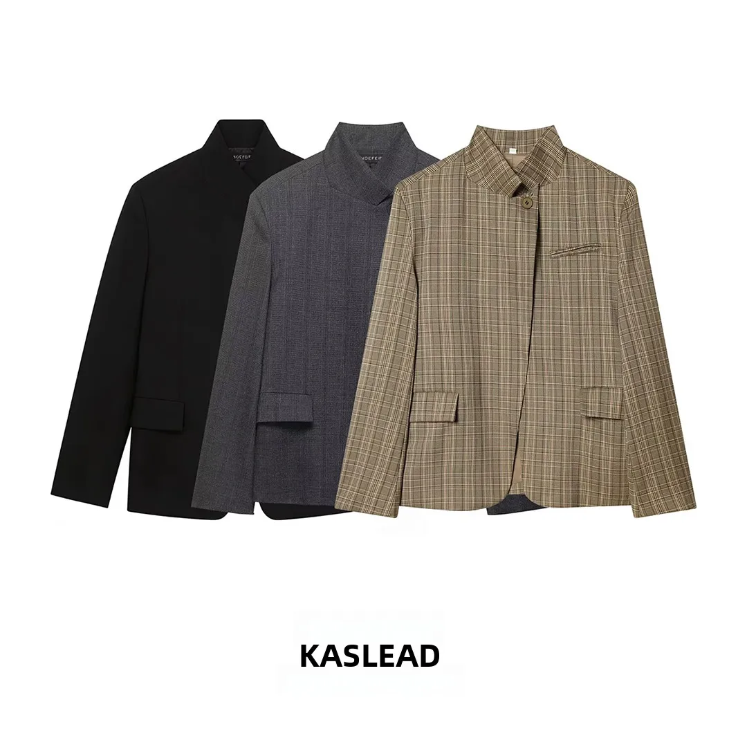 

Новая модная женская куртка KASLEAD из смесовой шерсти, универсальная, с длинными рукавами, на пуговицах, в клетку, весенняя верхняя одежда