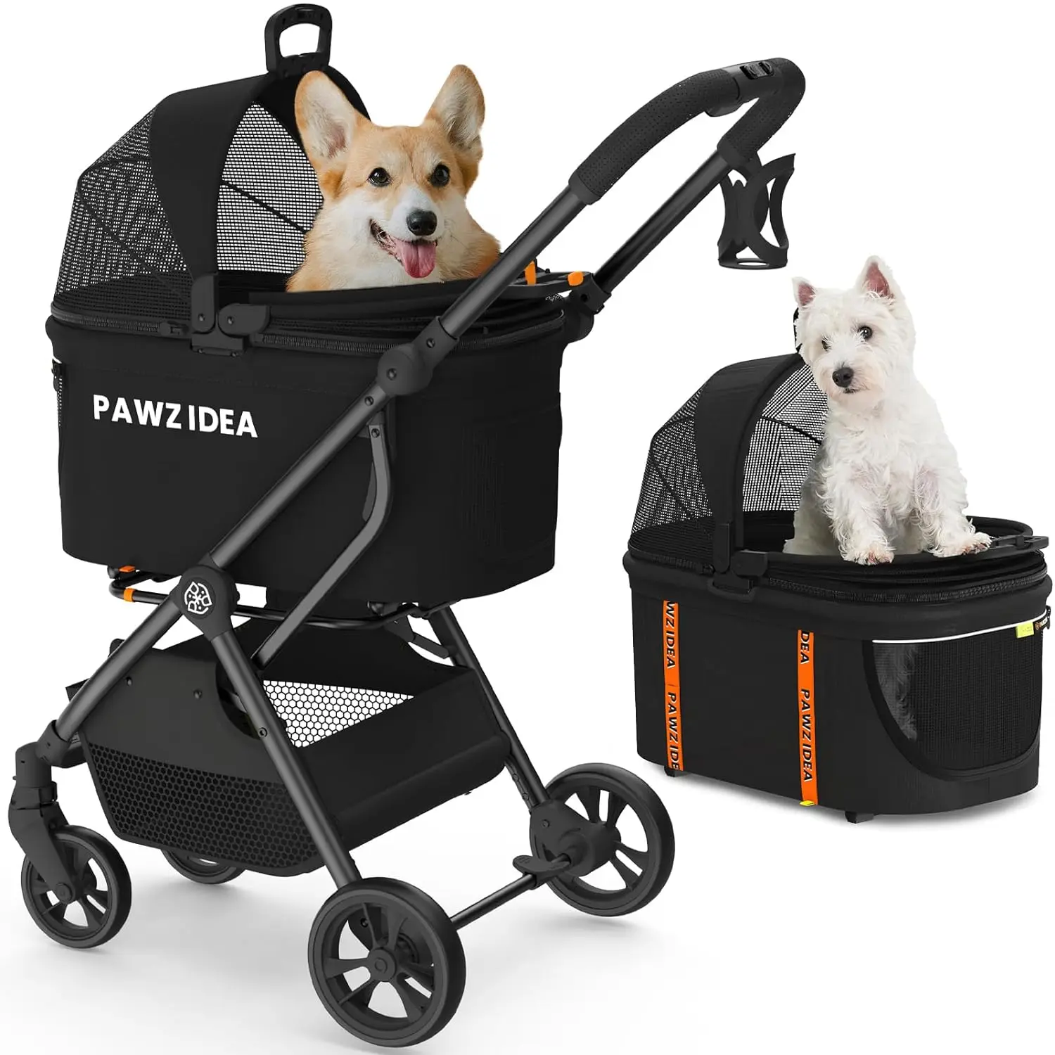 

Pet Stroller 4 in 1, Dog Strollers for Small/Medium Dogs/Cats with Detachable Carrier NO-Zip Canopyr