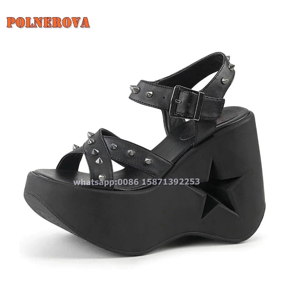 

Star Hollowing Out Rivet Pink Sandals Sexy Spicy Girl Shoes Summer Open Toe Strange Style Height Increasing Buckle Strap Pumps