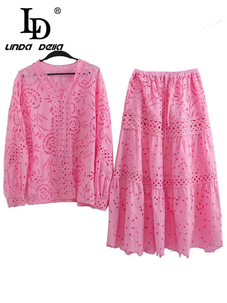 LD LINDA DELLA Italian Luxury Skirts Sets Women Pink V-Neck Embossed hollow Loose Top+ Elastic Waist Splice Skirts 2 Pieces Set