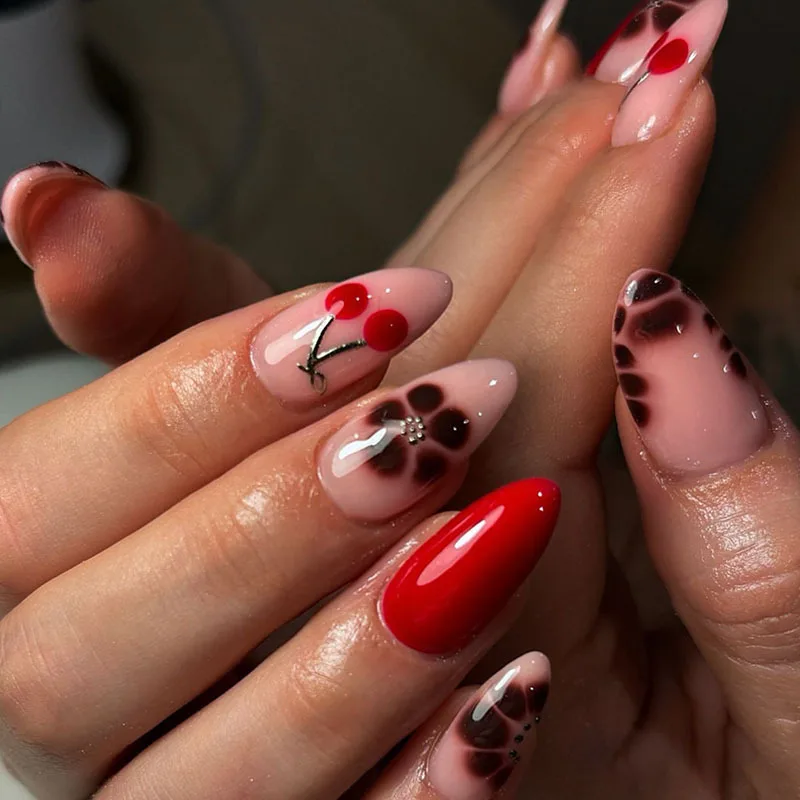 

24Pcs Mid-length Almond Fake Nail Leopard Print French False Nails Press on Cherry Flower Pattern Reusable Full Cover Nails Tips