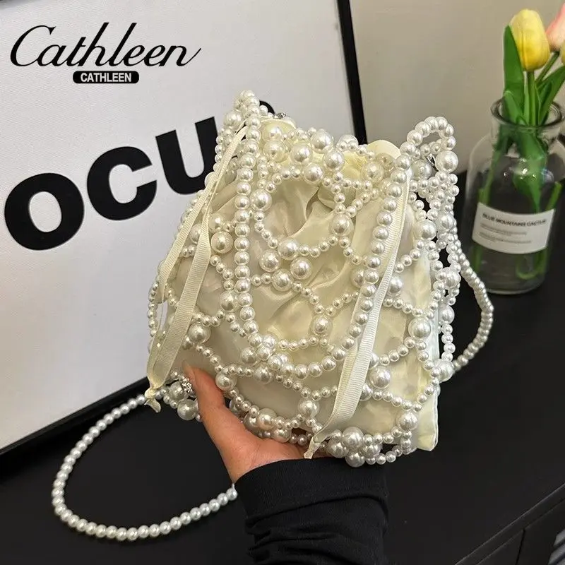 Artificial Pearl String Chain Bag Fashionable Metal Bead Carrying Small Square Bag New Versatile Bag Daily Carry Bag Cross Bag