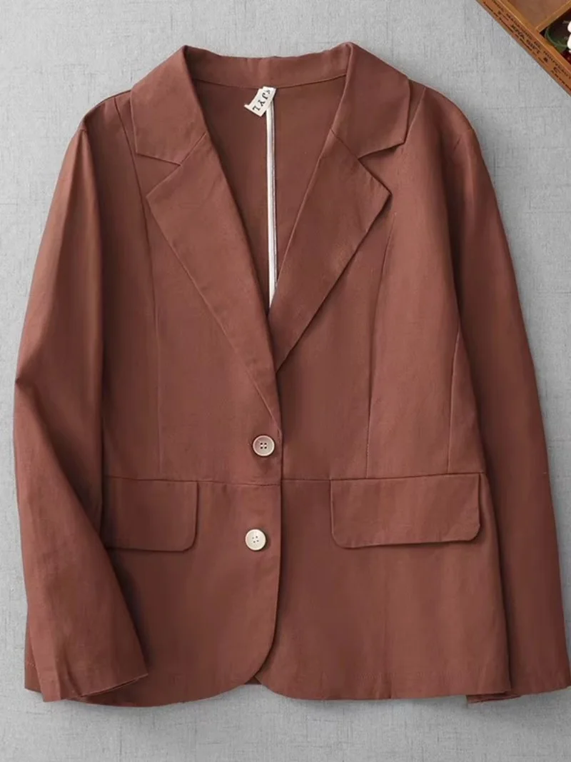 Womens Linen Blend Blazer Casual Spring Jacket Solid Color Lightweight Office Workwear Korean Fashion Cardigan Tops J043