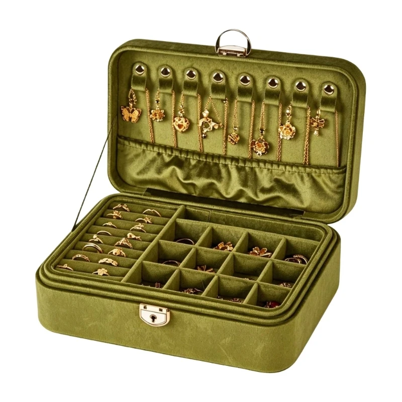 HXBF Jewelry Storage Case with Double Layer Interior Ring Rolls Necklace Hooks and Compartment Layout for Counter Display