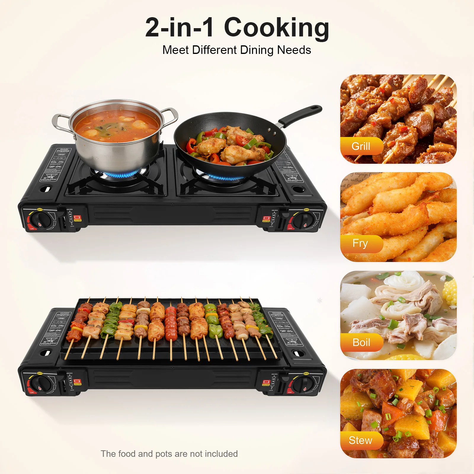 Estufa de Camping Portátil de 2 Quemadores a Gas con Bandeja para Hornear y Estuche de Transporte para Picnic, Barbacoa y Cocina al Aire Libre
