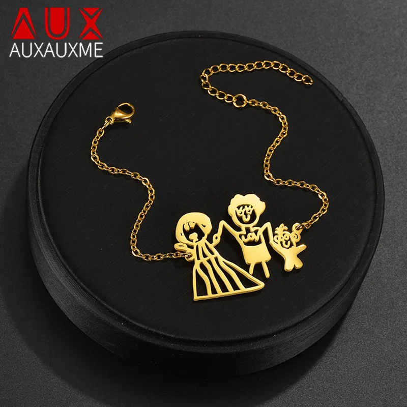 Auxauxme Custom Kids Drawing Necklace Stainless Stee Personalized Children Artwork Pendant for Kids Mom Family Jewelry Gifts