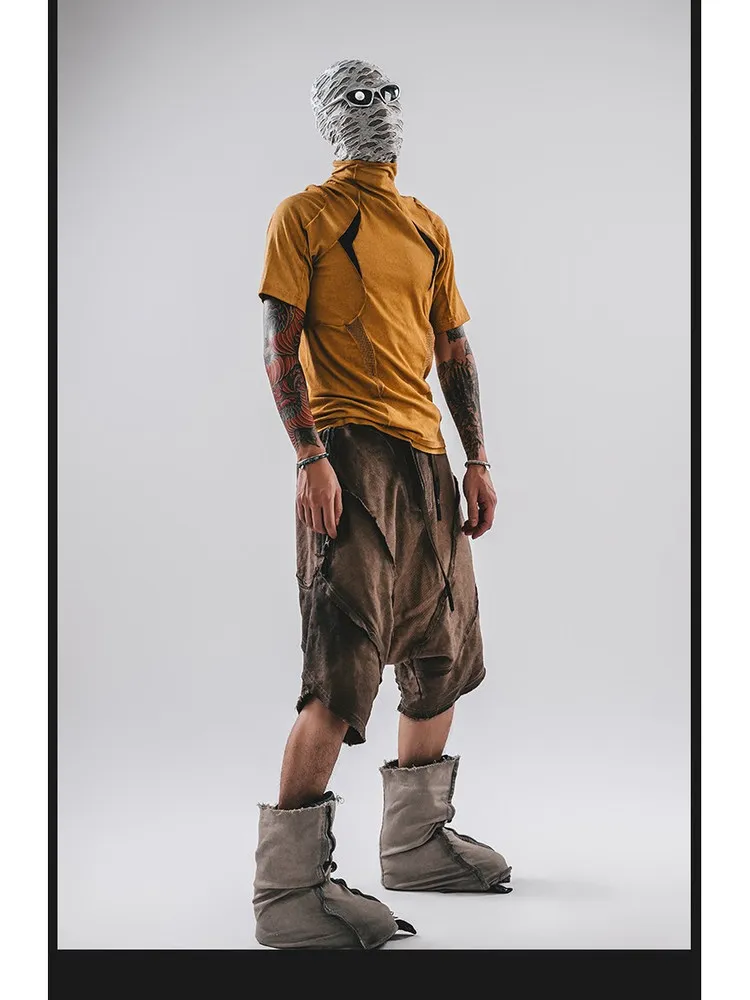 

Summer Mesh Breathable Stitching Deconstruct Wasteland Style Washed Old Cotton Short Sleeve Shirt Men