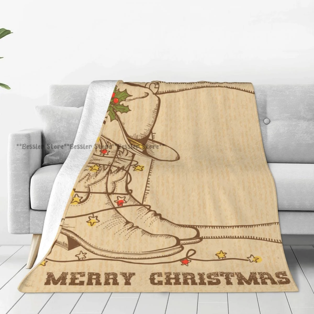 Soft Blanket Western Christmas With Cowboy Traditional Boots Scroll Winter Sofa Throw Light Thin Mechanical Wash Flannel Blanket