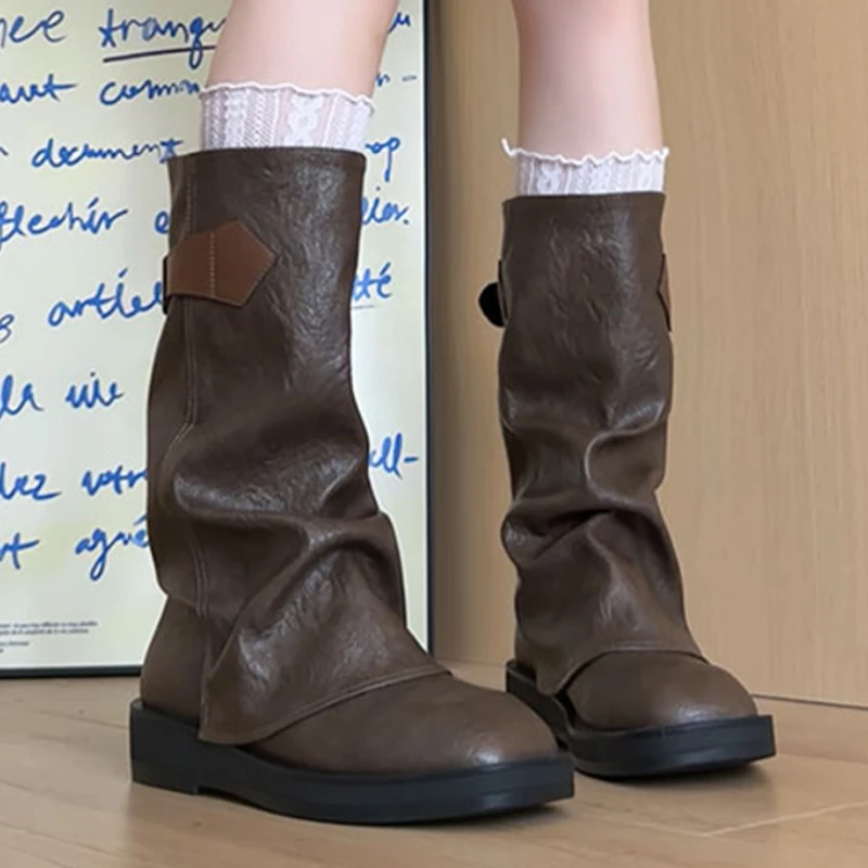 

Flats Women's Boots Fashion Mid Calf Winter Shoes 2025 Leather Motorcycle Woman Boots New Designer Casual Trend Mujer De Botas