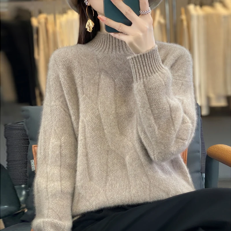 100% wool sweater women\'s semi-high neck solid color knitted pullover new twisted flower slim versatile bottoming sweater in aut