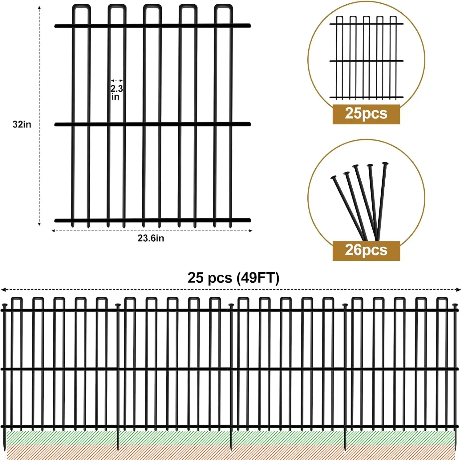 25 Panels No Dig Animal Barrier Fence, 32in(H) x 49ft(L) Garden Edging Border Fencing, Rustproof Metal Stakes Decorative Garden