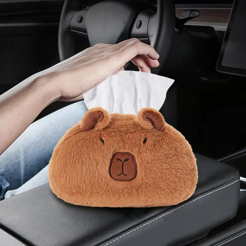 Capybara-caja de pañuelos de coche, accesorios de Interior de coche, soporte de pañuelos de felpa, bolsa de papel trasera de asiento de coche de Animal de dibujos animados lindo