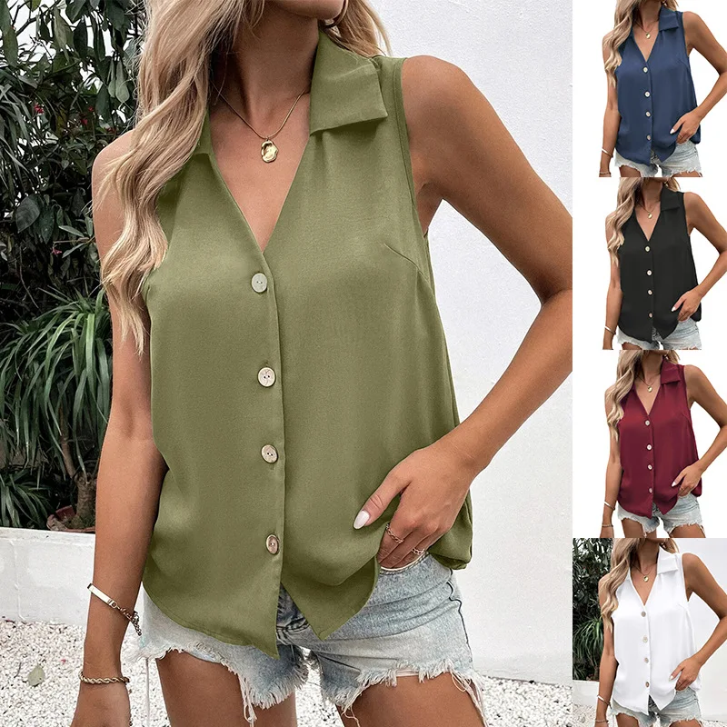 New summer women's clothing solid color V-neck loose shirt sleeveless button-up vest shirt