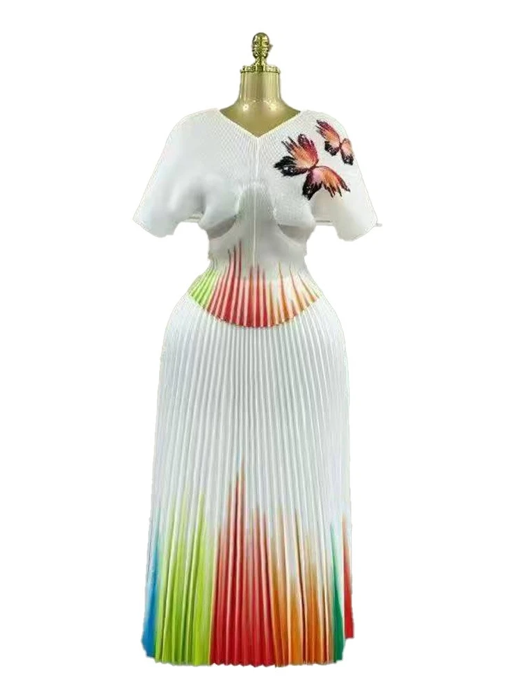 Egrm miyake solto design high-end conjuntos plissados temperamento impresso plissado cintura bat manga saia elegante conjunto de duas peças 7r2619