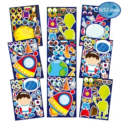 6/12Sheets Outer Space Astronaut Puzzle Stickers Kids Make a Face Cartoon Decals Toys Funny Assemble Jigsaw Children Party Games