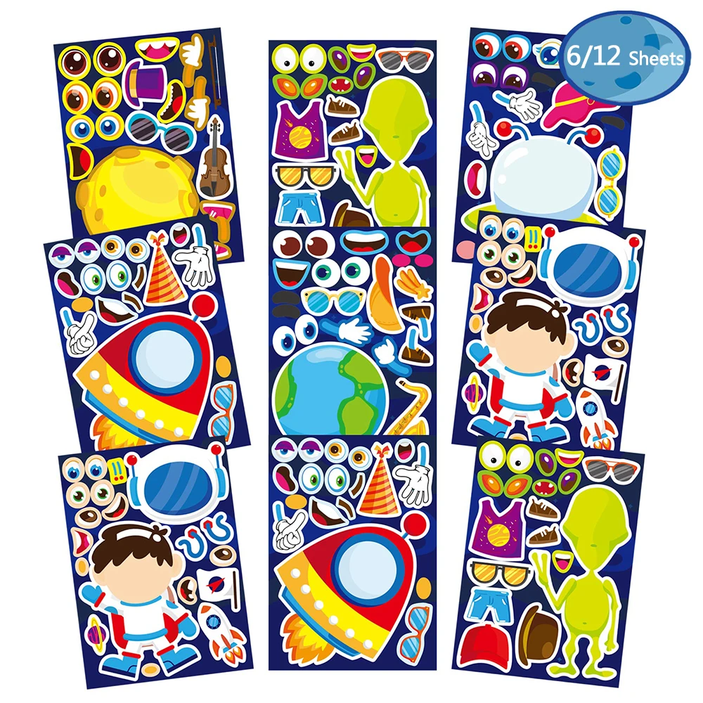 6/12Sheets Outer Space Astronaut Puzzle Stickers Kids Make a Face Cartoon Decals Toys Funny Assemble Jigsaw Children Party Games