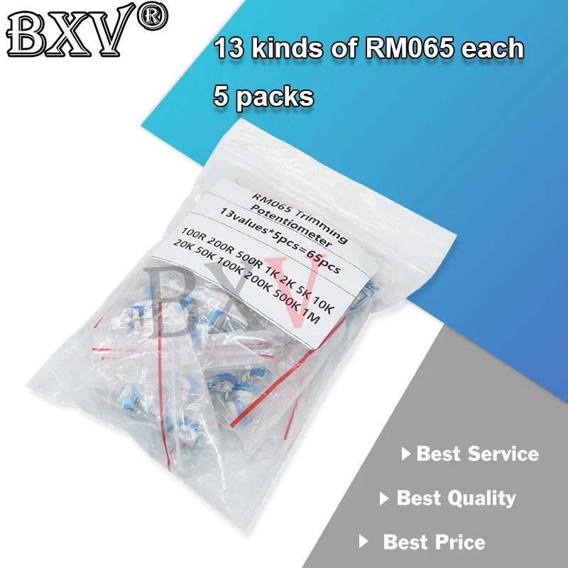 KIT 65PCS/Set 13Values*5pcs Trimming Potentiometer RM065 Top Adjustment 100R-1M RM065 WH06-2 Variable Resistors Assorted Kit