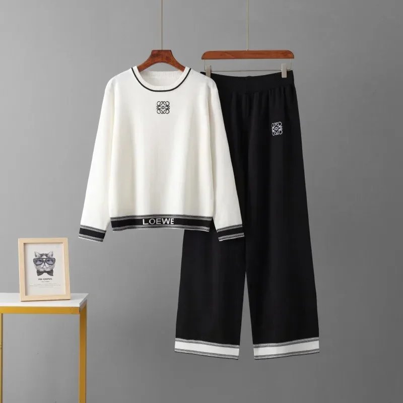 Russian Autumn and Winter Embroidered Woolen Suit Round Neck Fashionable Sweater Loose Knit Casual Sports Pants